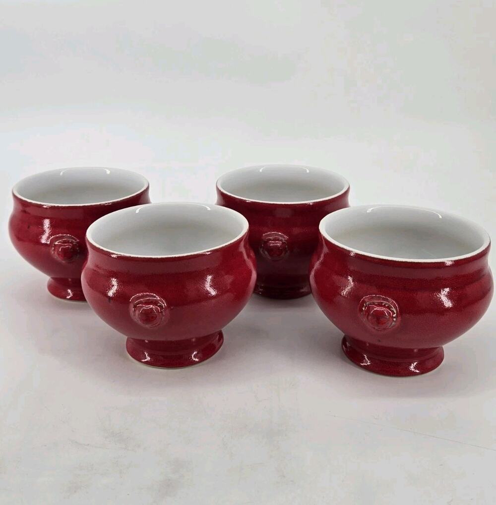 4 Emile Henry Discontinued Provencal Red White Lion Head Soup Bowls 6600